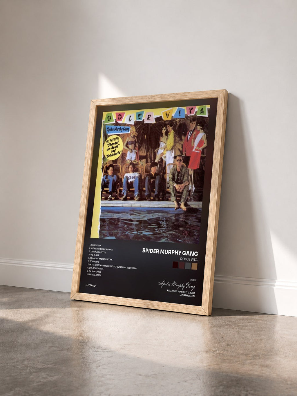 #bois Tableau de l'album Dolce Vita de Spider Murphy Gang vu de trois quarts, cadre en bois brut