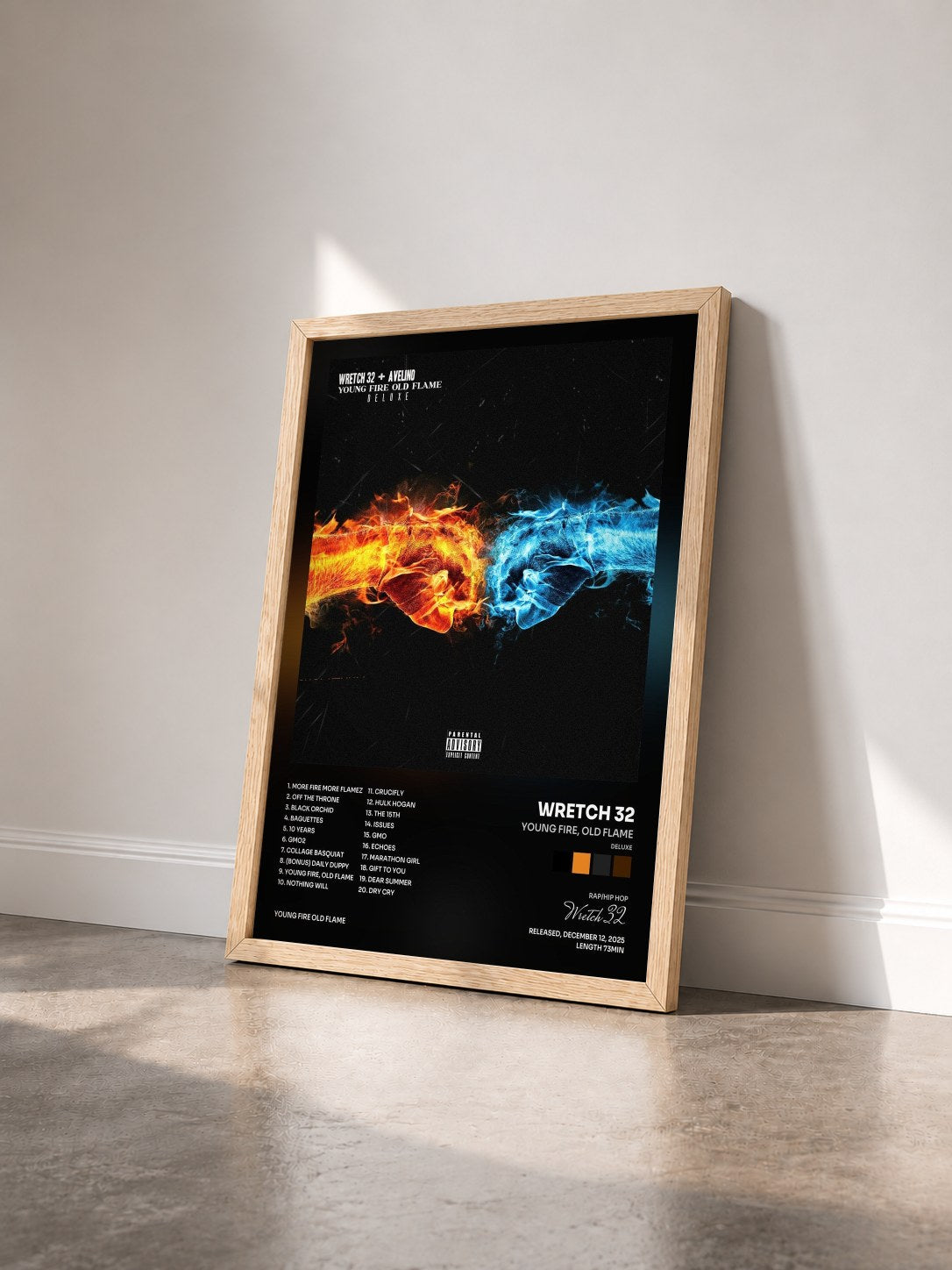 #bois Tableau de l'album Young Fire, Old Flame (Deluxe) de Wretch 32 vu de trois quarts, cadre en bois brut