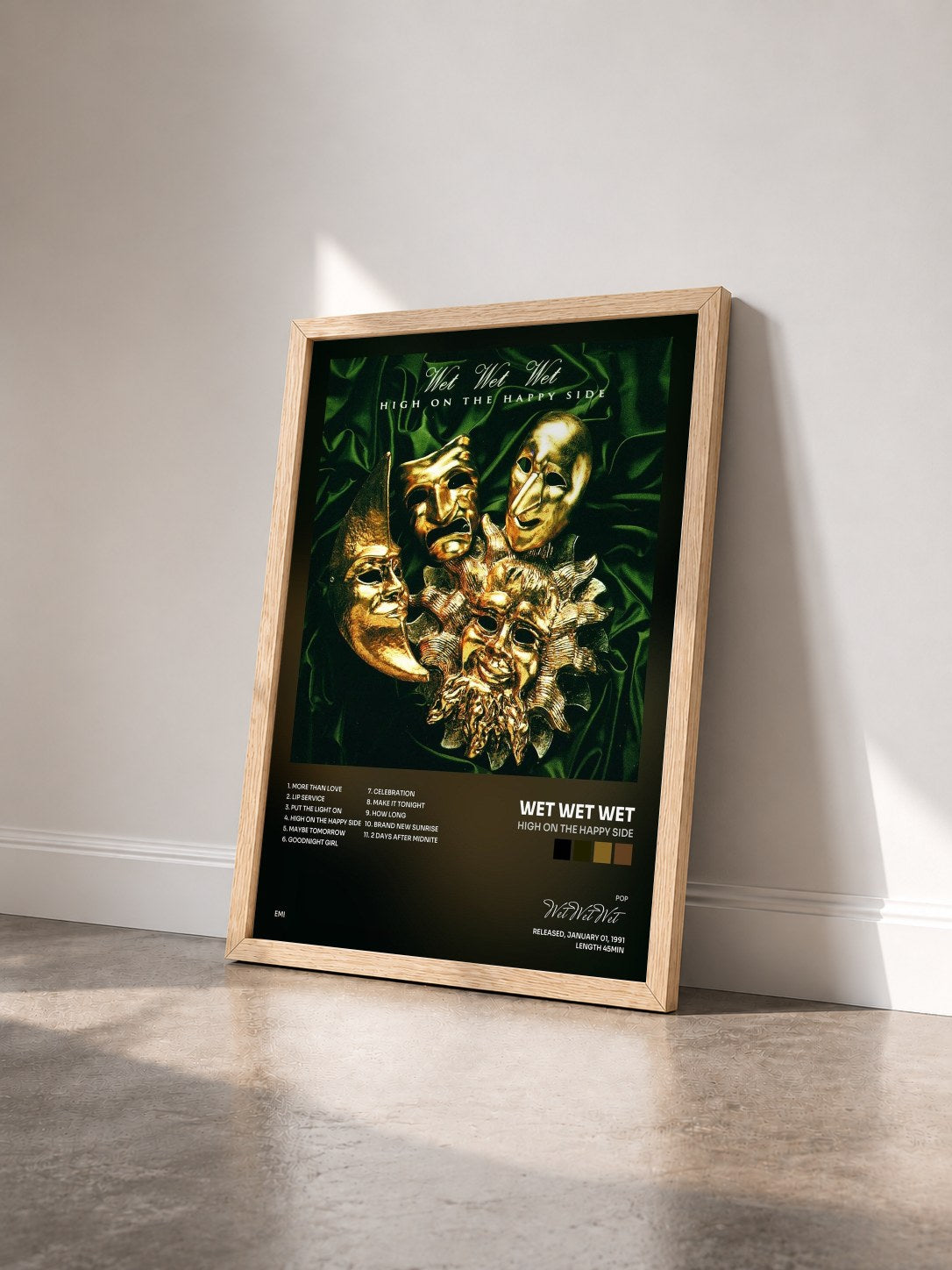 #bois Tableau de l'album High On The Happy Side de Wet Wet Wet vu de trois quarts, cadre en bois brut