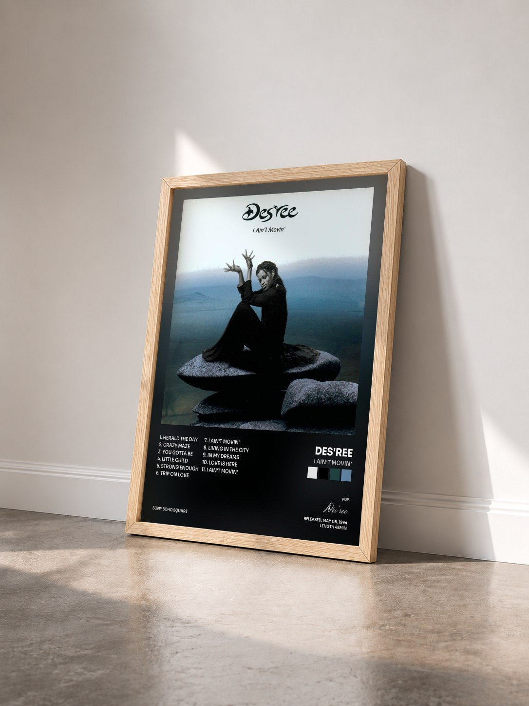 #bois Tableau de l'album I Ain't Movin' de Des'ree vu de trois quarts, cadre en bois brut
