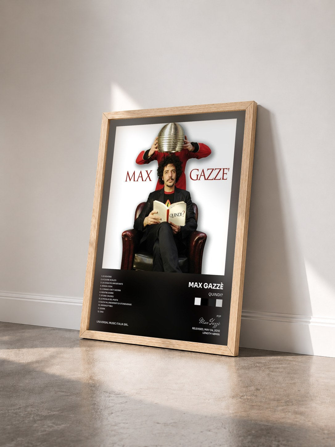 #bois Tableau de l'album Quindi? de Max Gazzè vu de trois quarts, cadre en bois brut