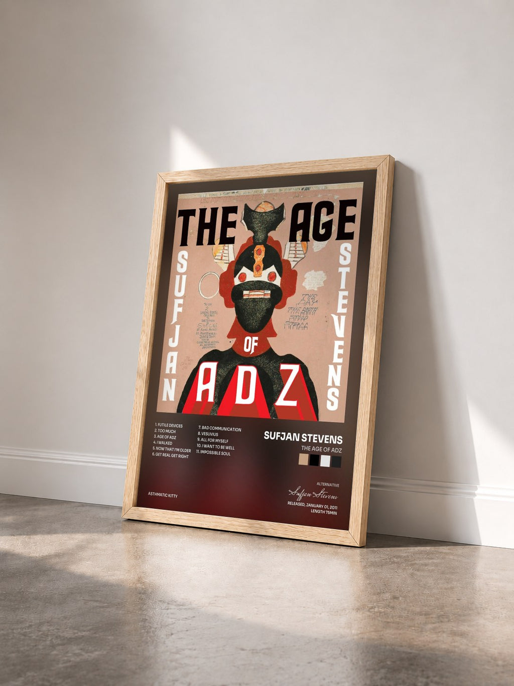 #bois Tableau de l'album The Age of Adz de Sufjan Stevens vu de trois quarts, cadre en bois brut