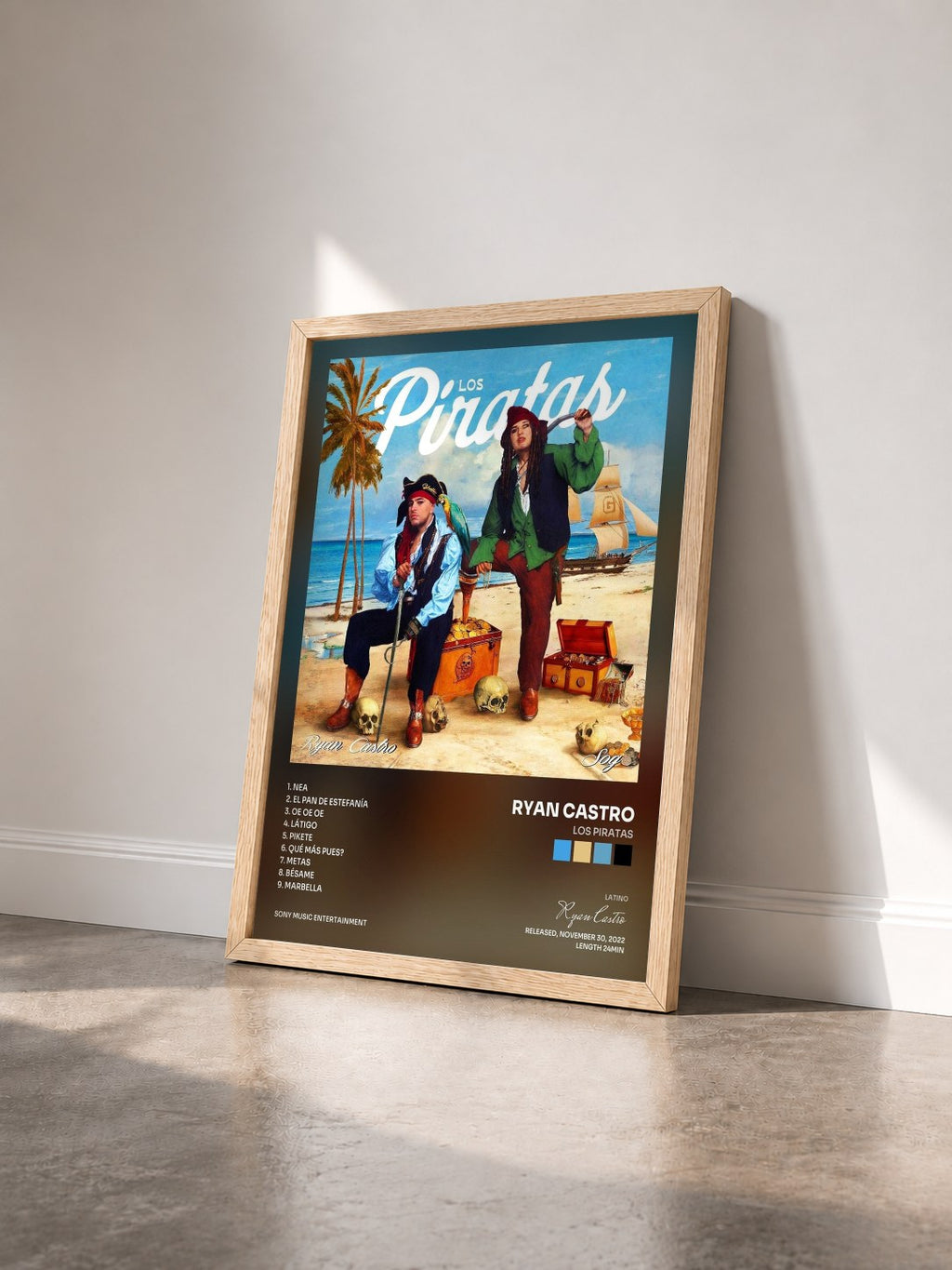 #bois Tableau de l'album Los Piratas de Ryan Castro vu de trois quarts, cadre en bois brut