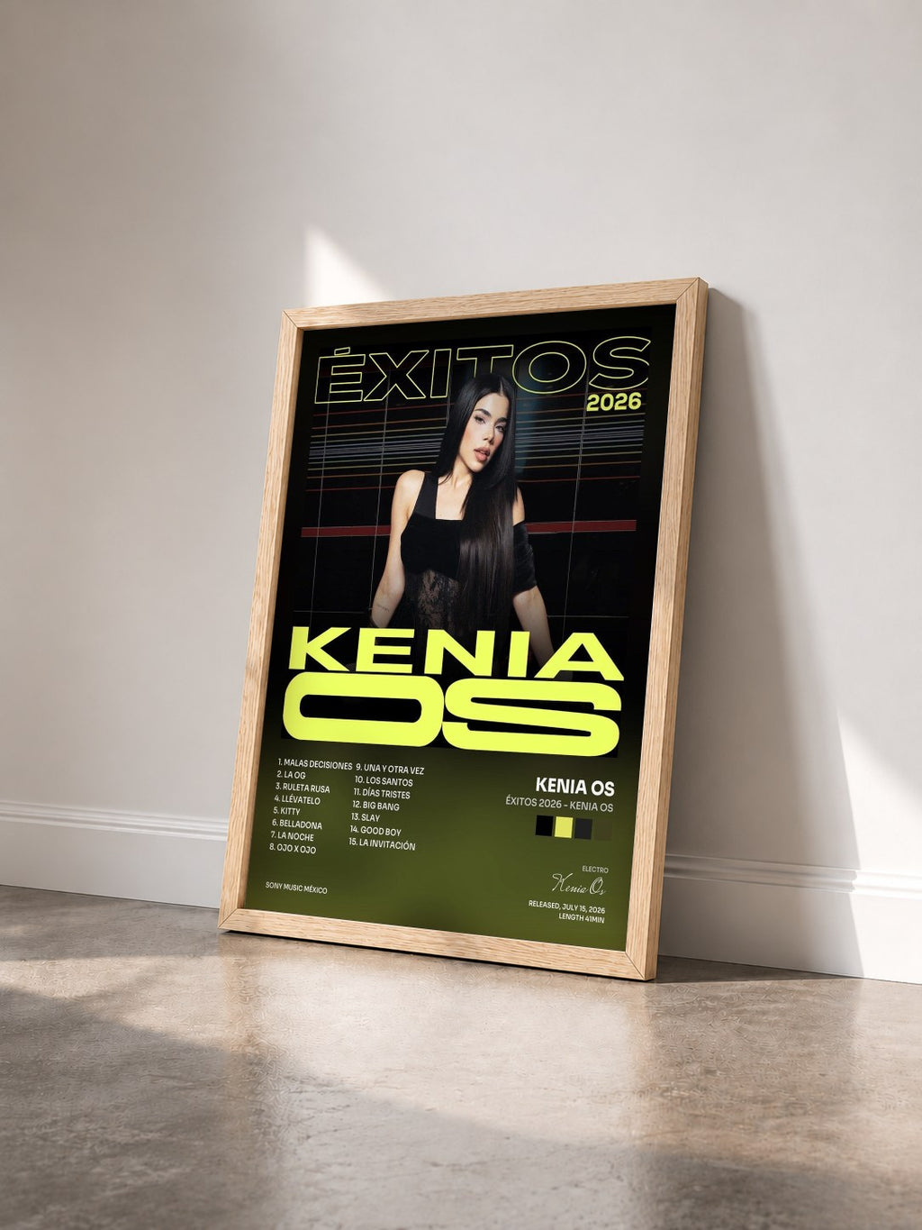 #bois Tableau de l'album Éxitos 2026 - Kenia Os de Kenia Os vu de trois quarts, cadre en bois brut
