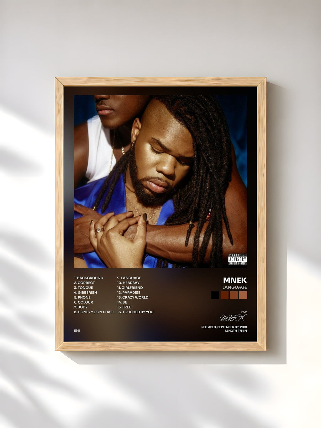 #bois Tableau de l'album Language de MNEK, cadre en bois brut, imprimé et encadré en France