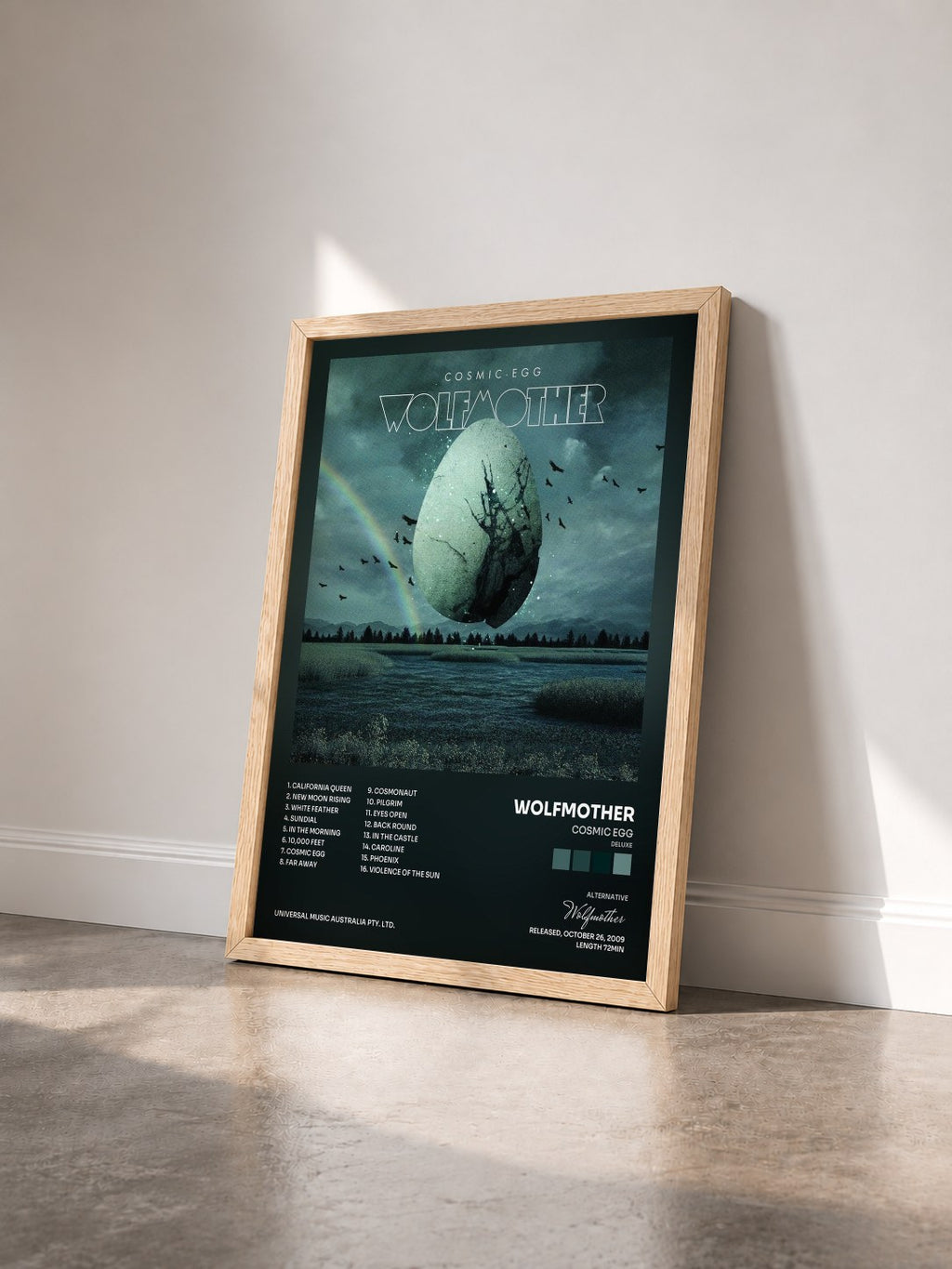 #bois Tableau de l'album Cosmic Egg (Deluxe) de Wolfmother vu de trois quarts, cadre en bois brut