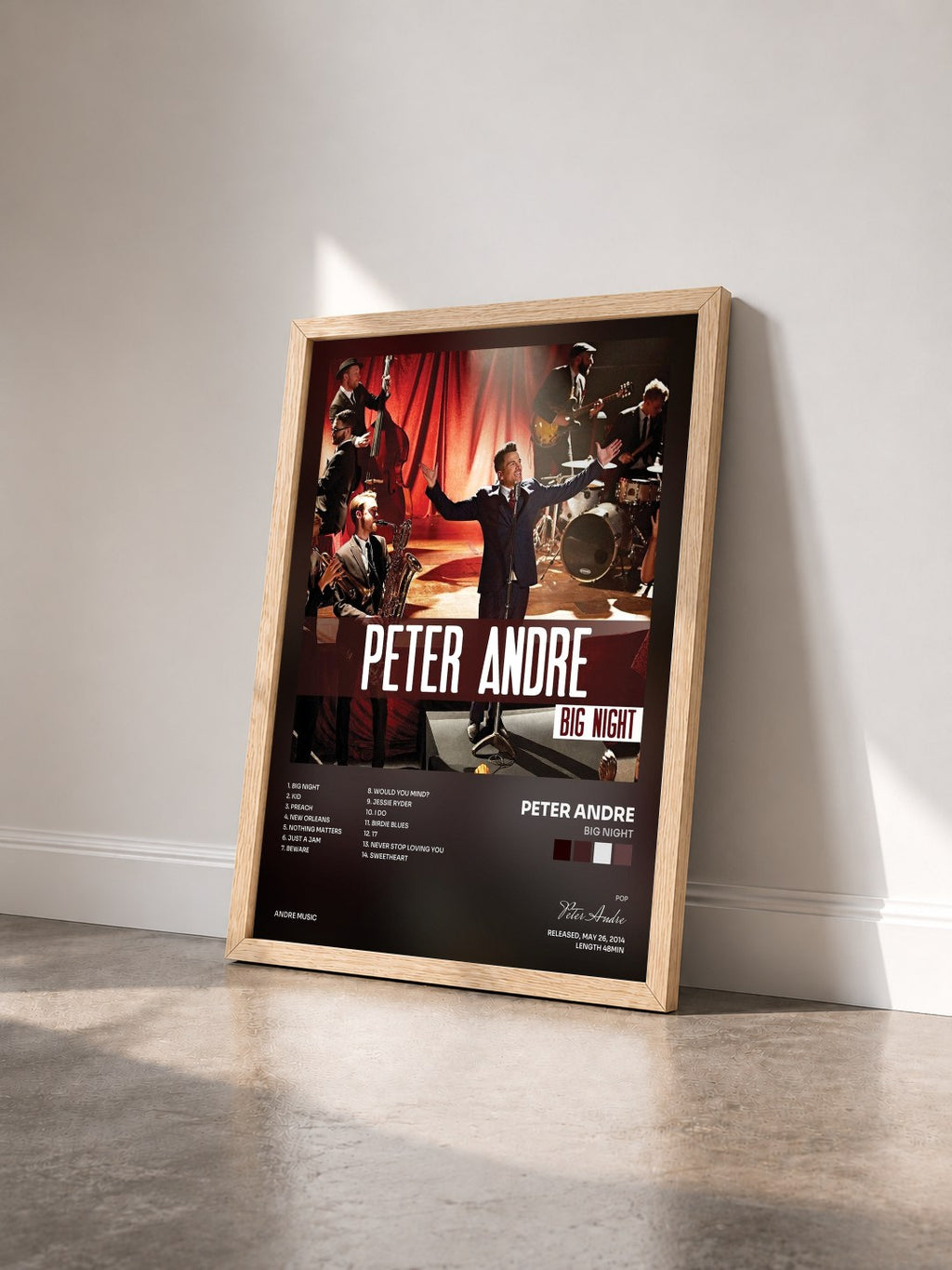 #bois Tableau de l'album Big Night de Peter Andre vu de trois quarts, cadre en bois brut