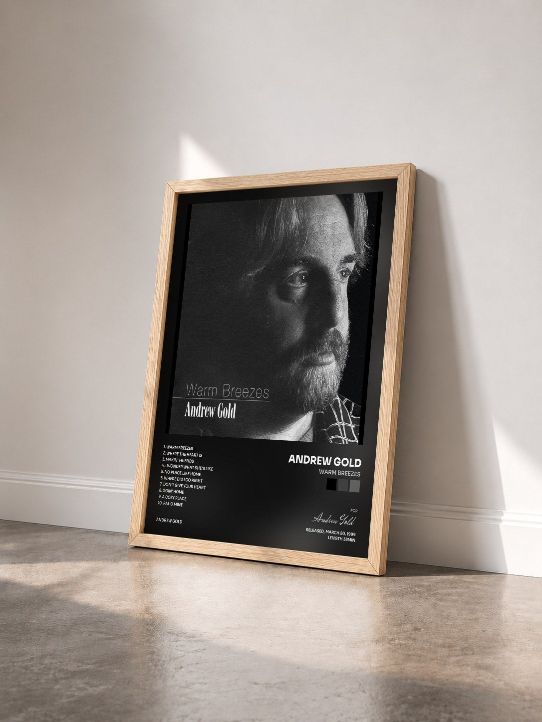 #bois Tableau de l'album Warm Breezes de Andrew Gold vu de trois quarts, cadre en bois brut