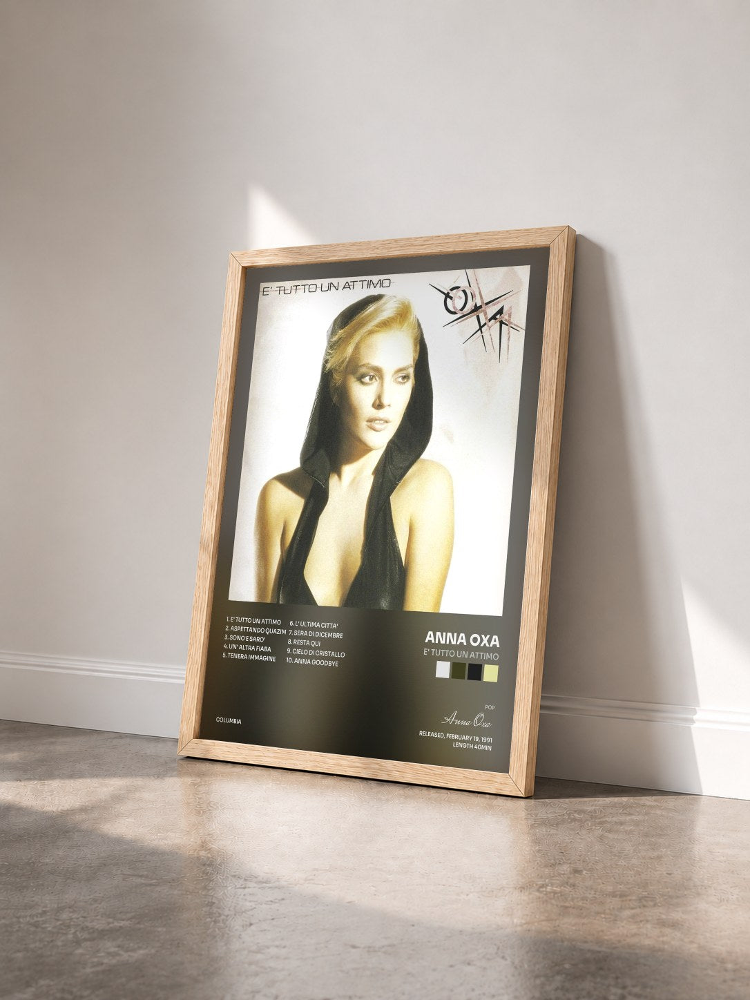 #bois Tableau de l'album E' tutto un attimo de Anna Oxa vu de trois quarts, cadre en bois brut