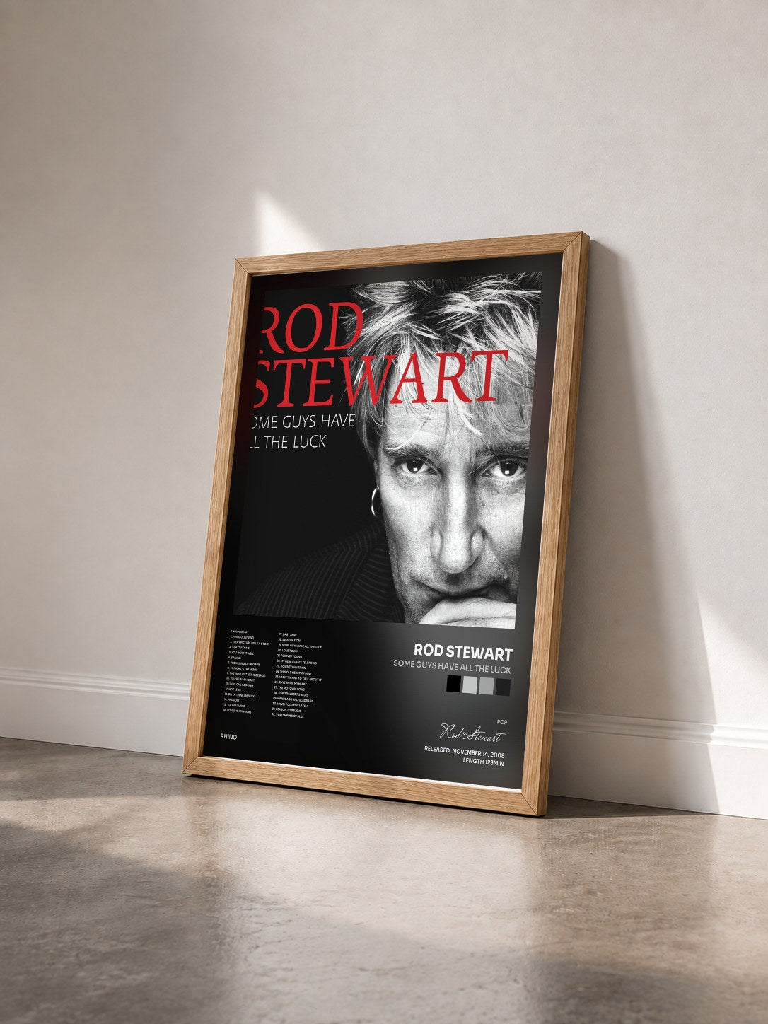 #bois Tableau de l'album Some Guys Have All the Luck de Rod Stewart vu de trois quarts, cadre en bois brut