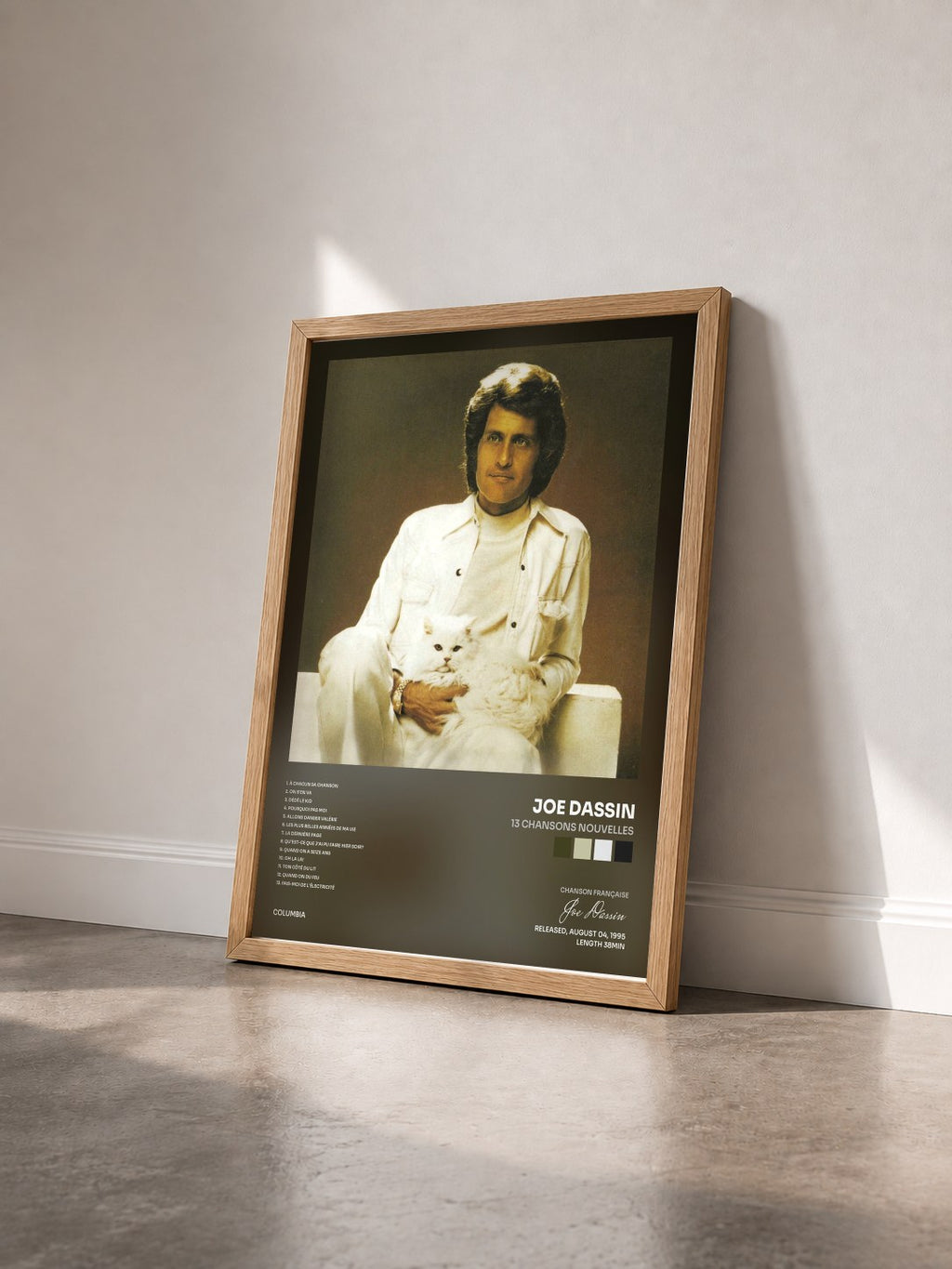 #bois Tableau de l'album 13 Chansons Nouvelles de Joe Dassin vu de trois quarts, cadre en bois brut