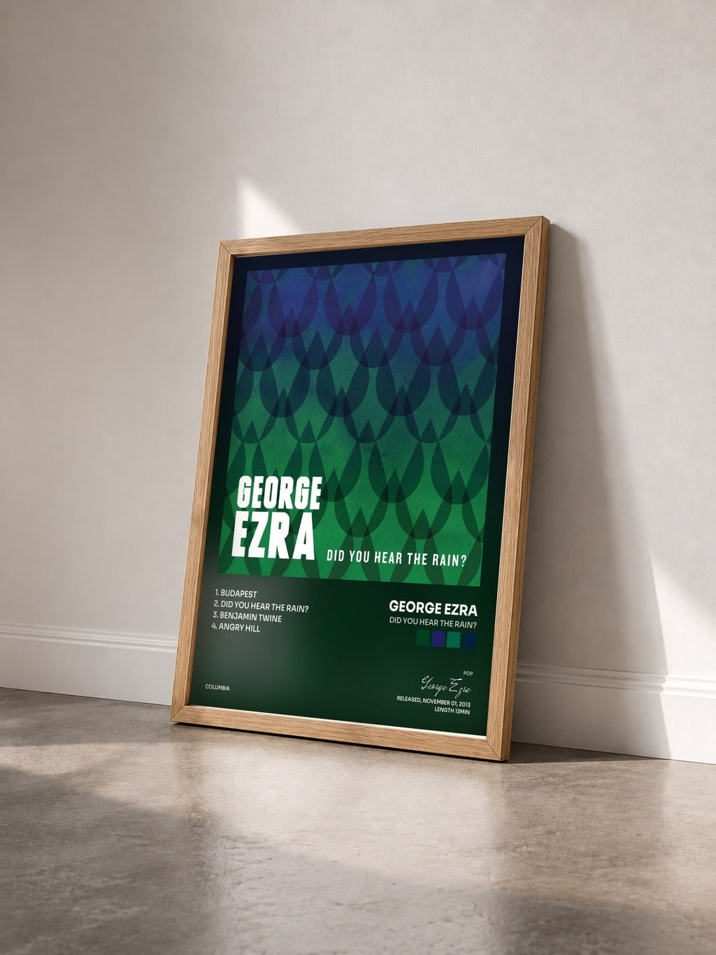 #bois Tableau de l'album Did You Hear the Rain? de George Ezra vu de trois quarts, cadre en bois brut