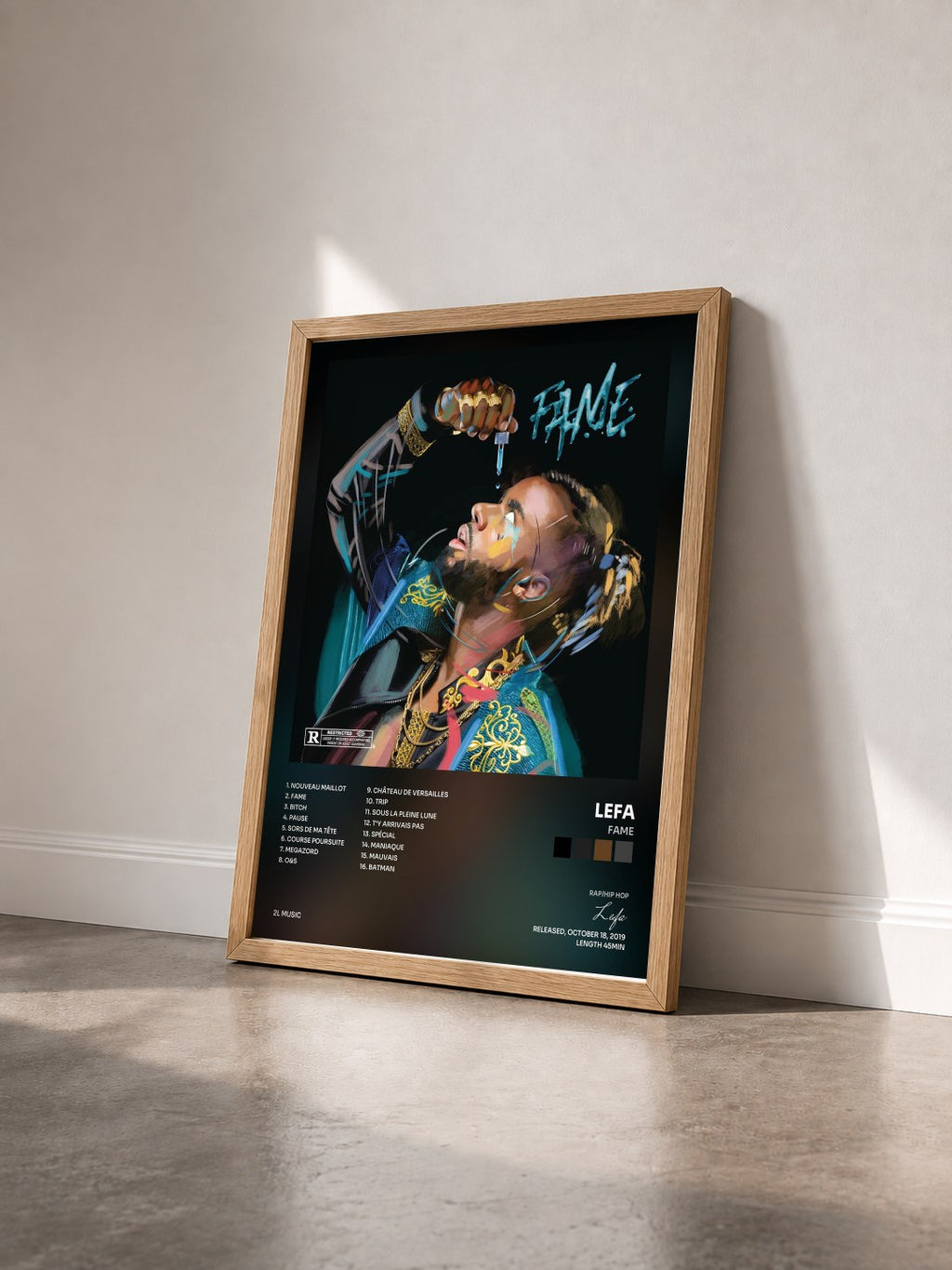#bois Tableau de l'album FAME de Lefa vu de trois quarts, cadre en bois brut