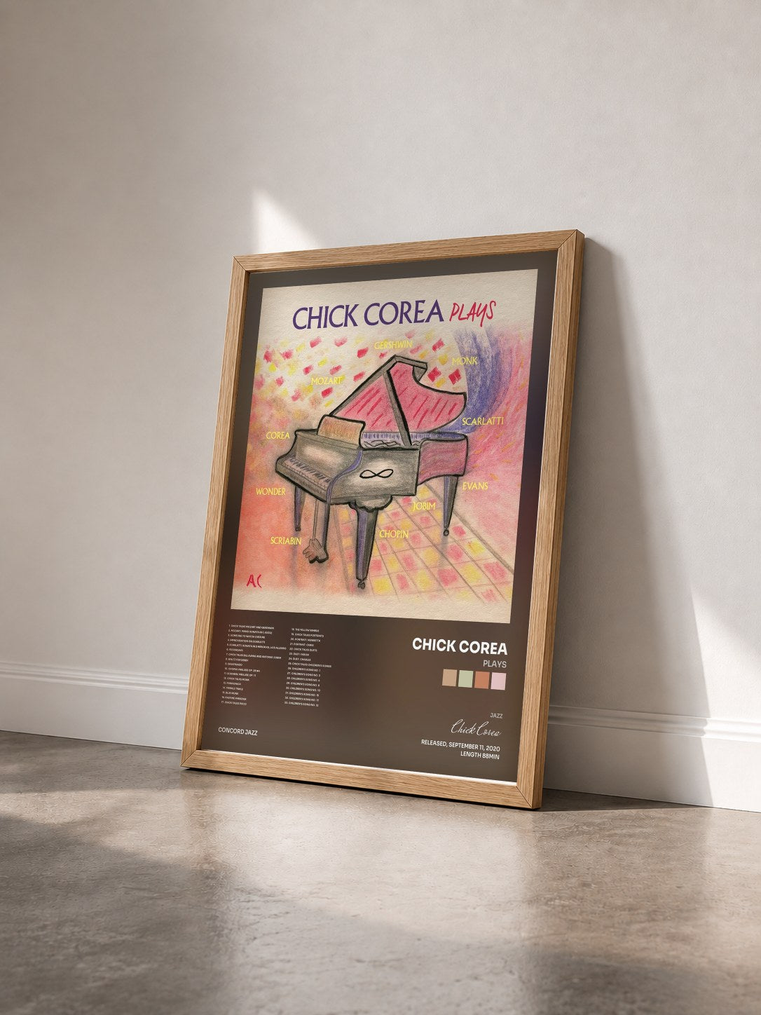 #bois Tableau de l'album Plays de Chick Corea vu de trois quarts, cadre en bois brut