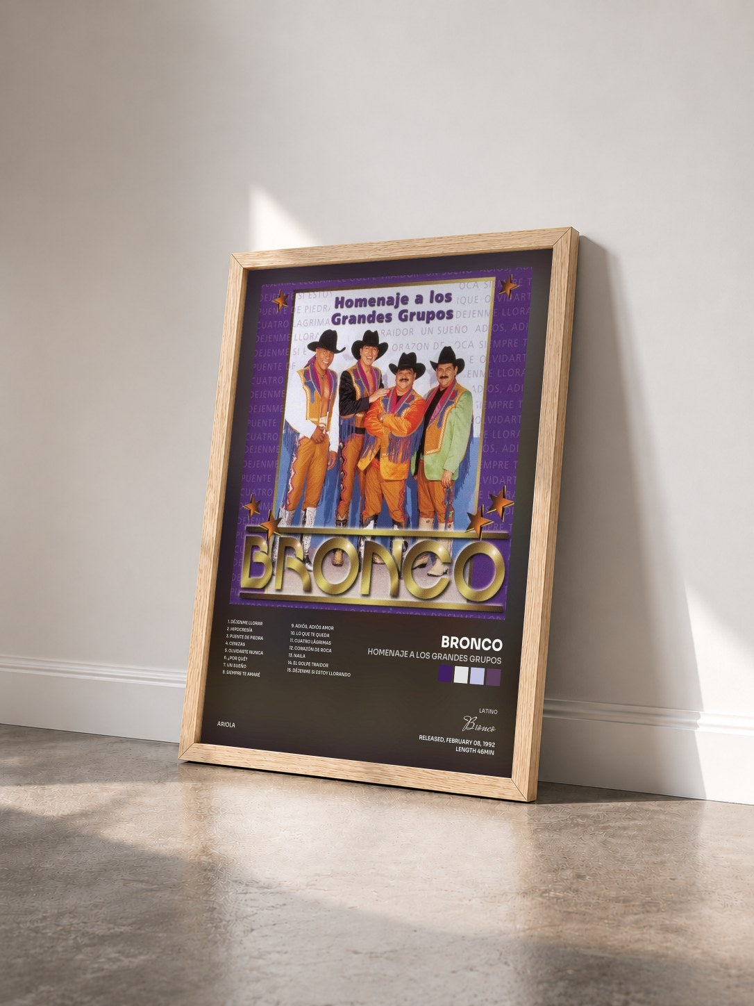 #bois Tableau de l'album Homenaje A Los Grandes Grupos de Bronco vu de trois quarts, cadre en bois brut