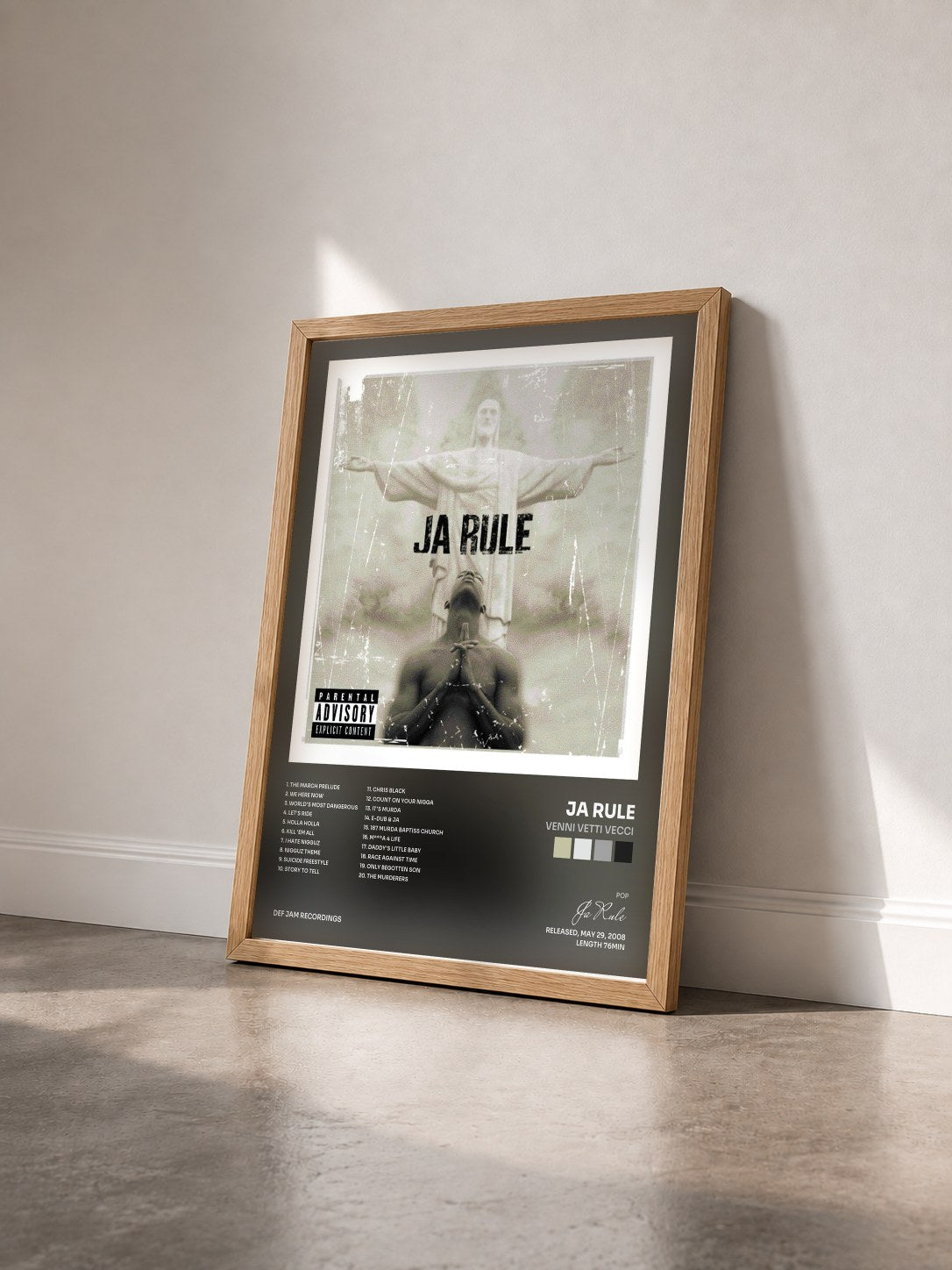 #bois Tableau de l'album Venni Vetti Vecci de Ja Rule vu de trois quarts, cadre en bois brut