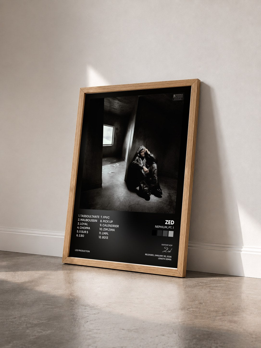 #bois Tableau de l'album NEPHILIM, pt. 1 de Zed vu de trois quarts, cadre en bois brut