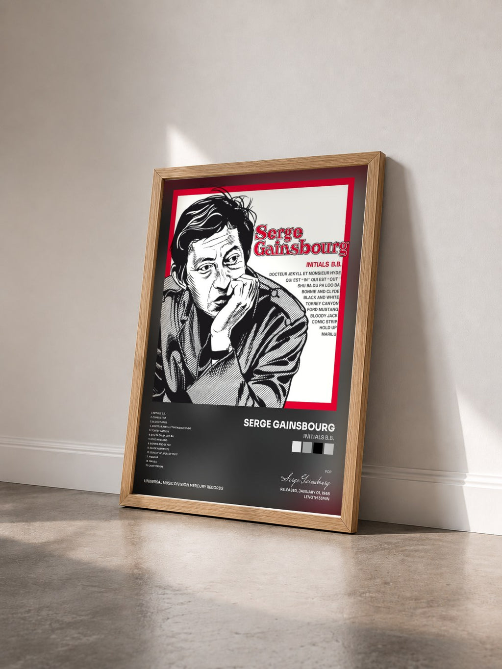 #bois Tableau de l'album Initials B.B. de Serge Gainsbourg vu de trois quarts, cadre en bois brut