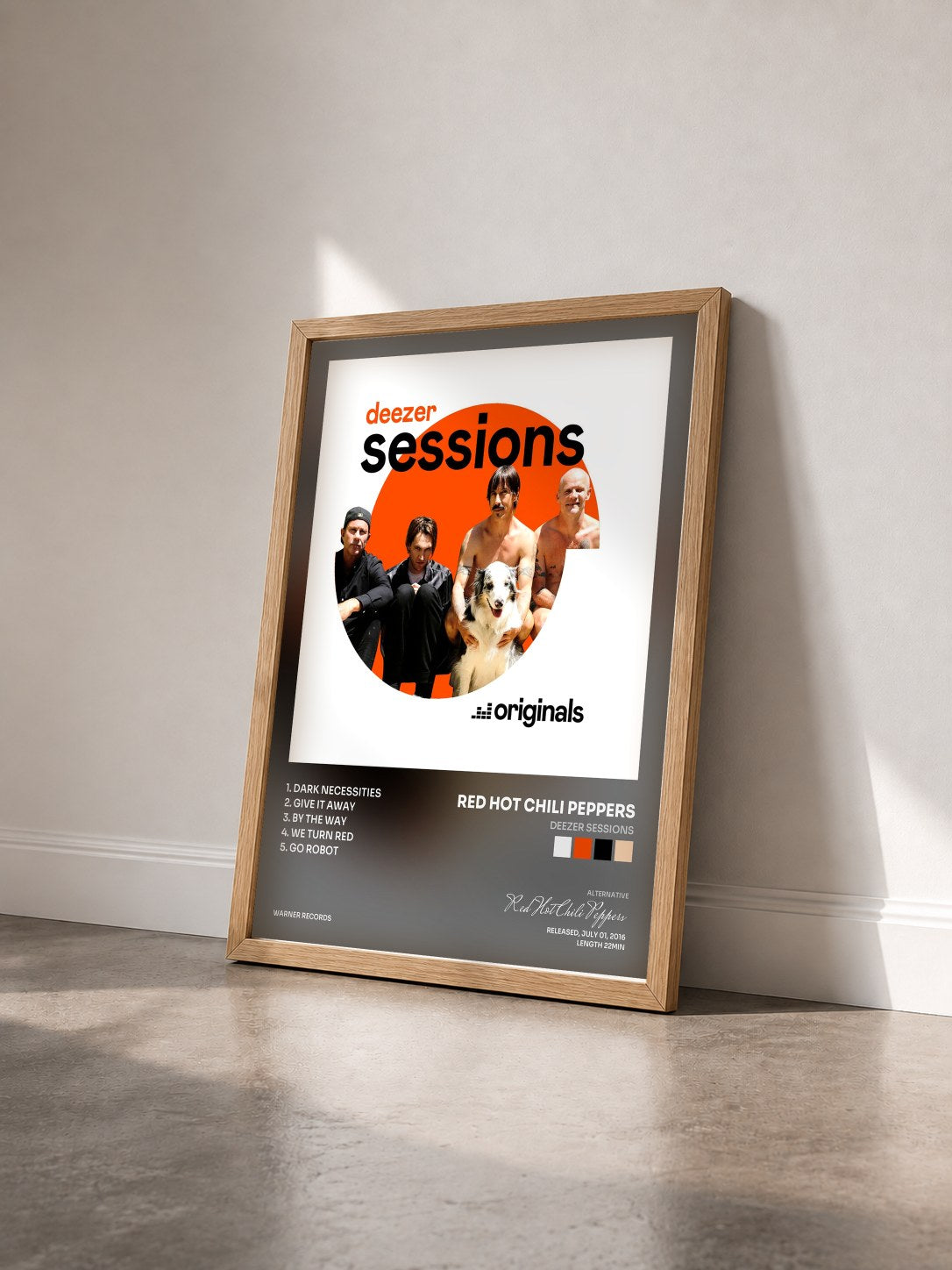 #bois Tableau de l'album Deezer Sessions de Red Hot Chili Peppers vu de trois quarts, cadre en bois brut