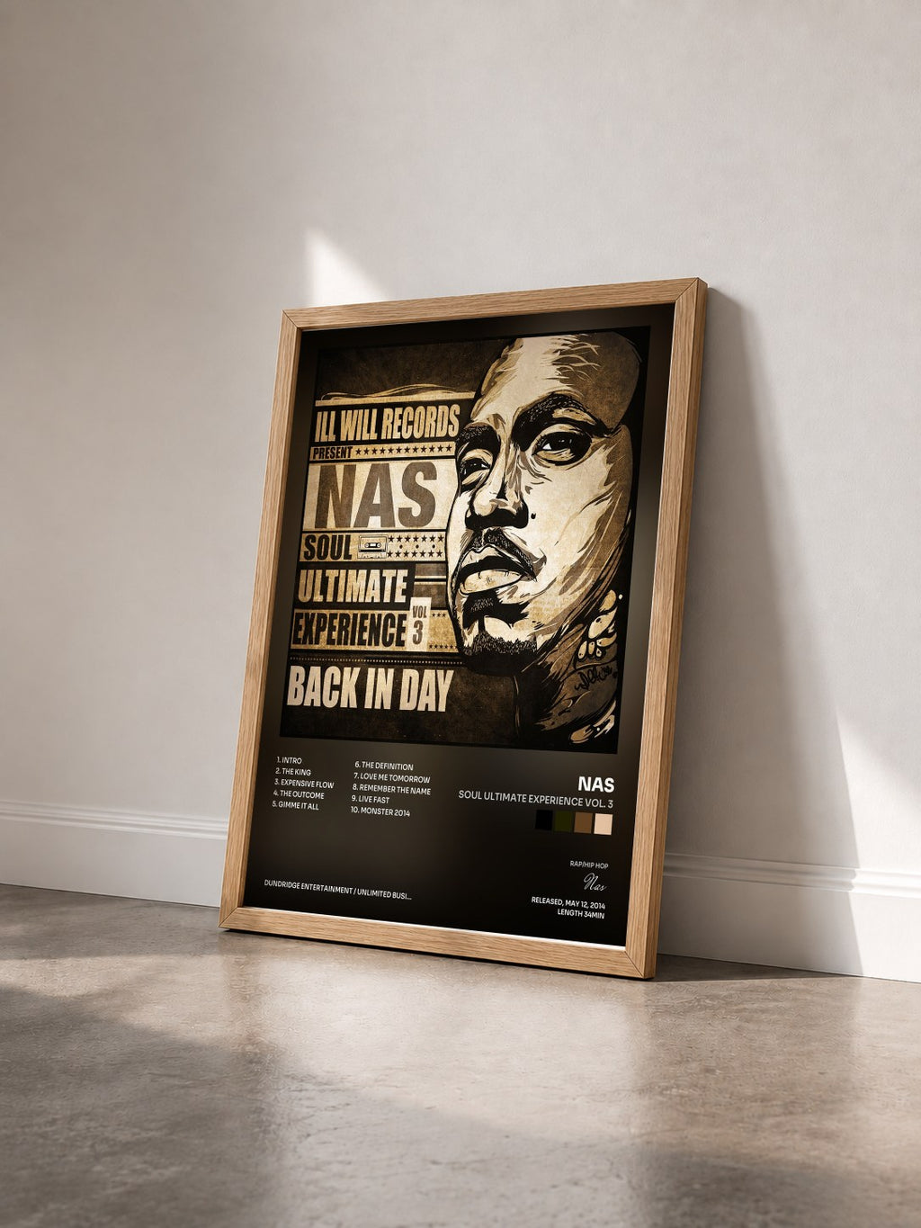 #bois Tableau de l'album Soul Ultimate Experience Vol. 3 de Nas vu de trois quarts, cadre en bois brut