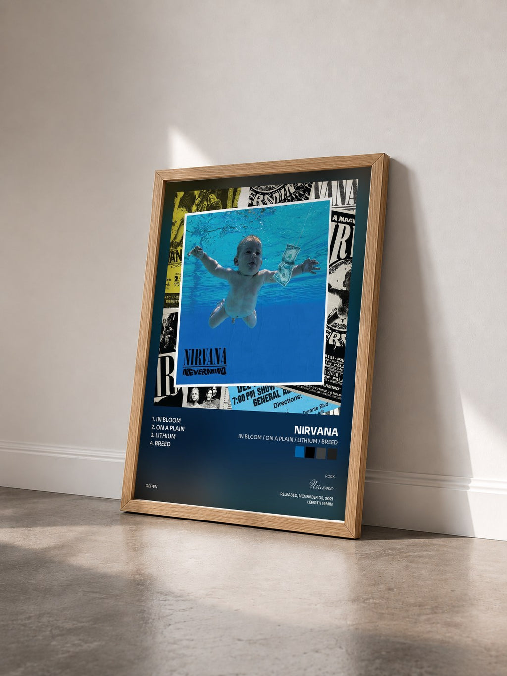 #bois Tableau de l'album In Bloom / On A Plain / Lithium / Breed de Nirvana vu de trois quarts, cadre en bois brut