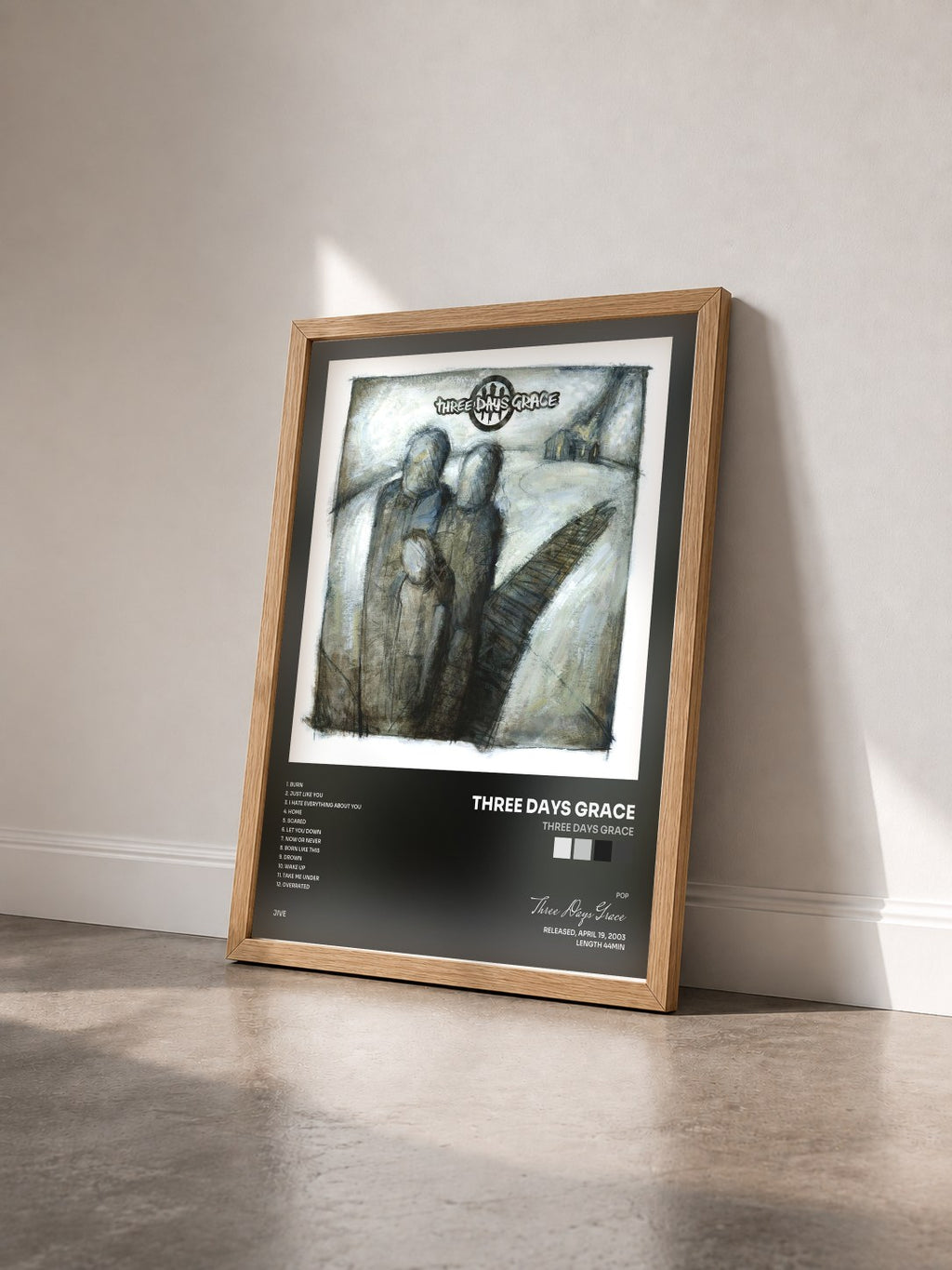 #bois Tableau de l'album Three Days Grace de Three Days Grace vu de trois quarts, cadre en bois brut