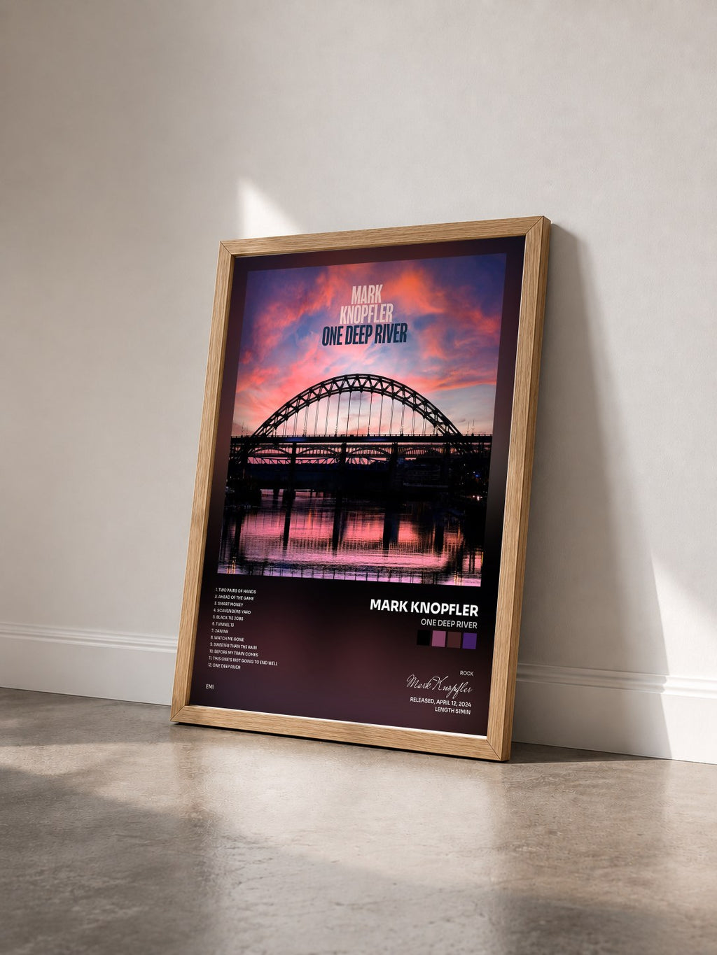#bois Tableau de l'album One Deep River de Mark Knopfler vu de trois quarts, cadre en bois brut