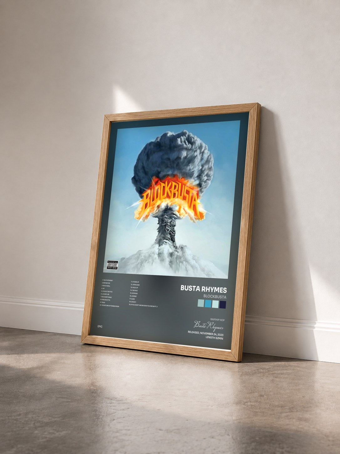 #bois Tableau de l'album BLOCKBUSTA de Busta Rhymes vu de trois quarts, cadre en bois brut