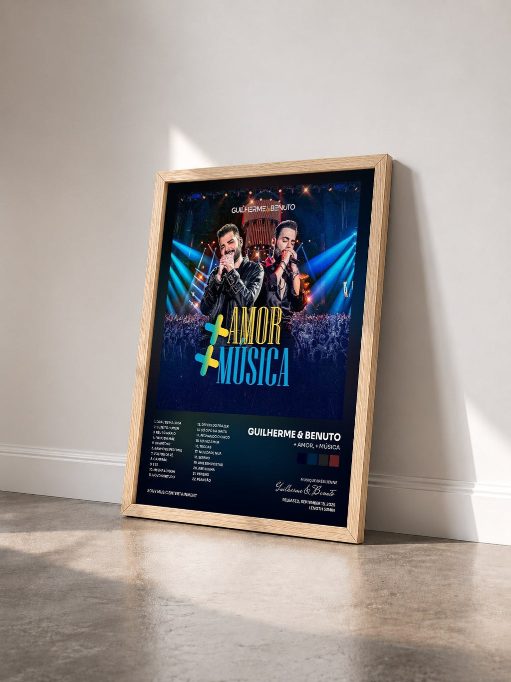#bois Tableau de l'album + Amor, + Música de Guilherme & Benuto vu de trois quarts, cadre en bois brut