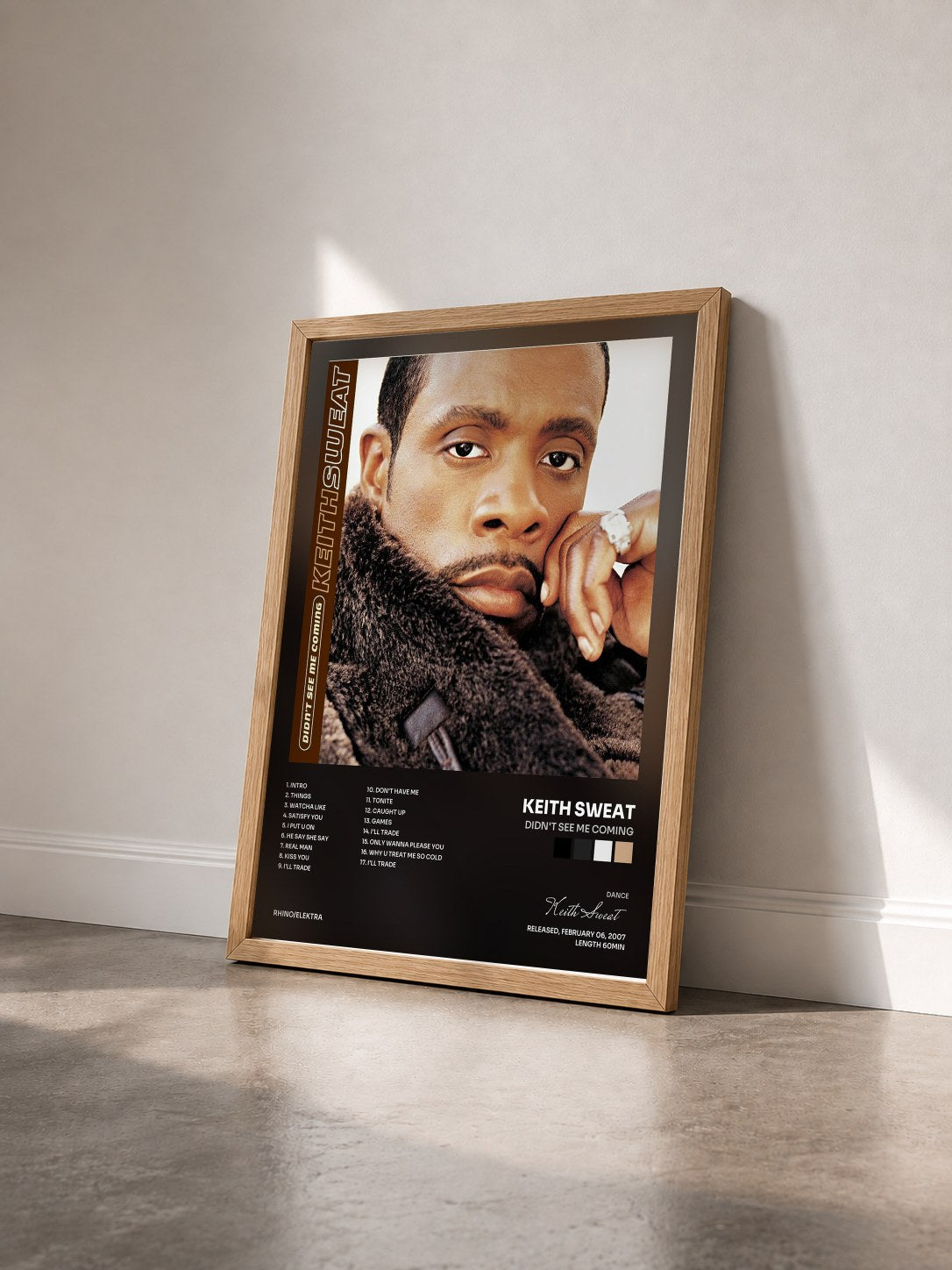 #bois Tableau de l'album Didn't See Me Coming de Keith Sweat vu de trois quarts, cadre en bois brut
