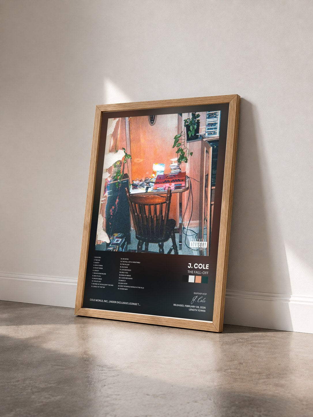 #bois Tableau de l'album The Fall-Off de J. Cole vu de trois quarts, cadre en bois brut