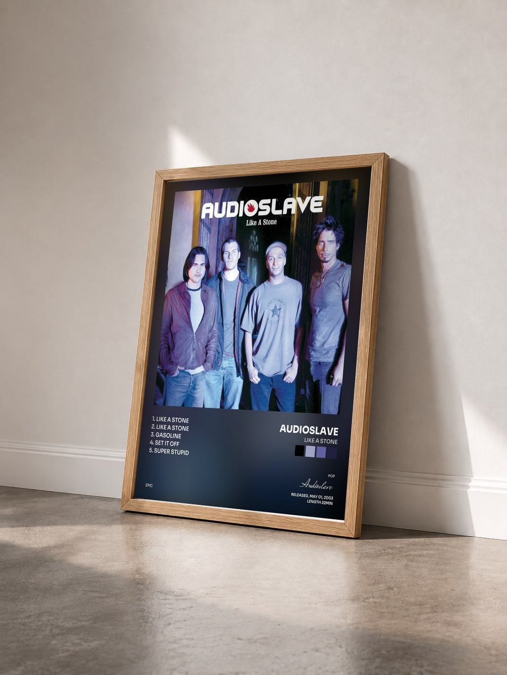 #bois Tableau de l'album Like A Stone de Audioslave vu de trois quarts, cadre en bois brut