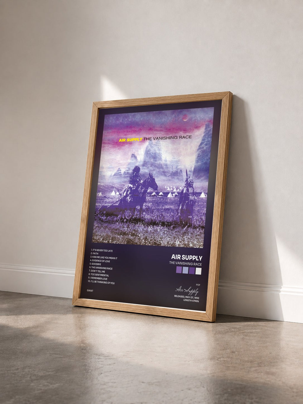 #bois Tableau de l'album The Vanishing Race de Air Supply vu de trois quarts, cadre en bois brut