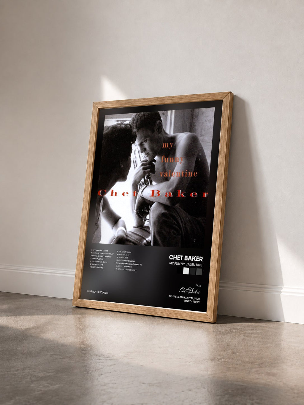 #bois Tableau de l'album My Funny Valentine de Chet Baker vu de trois quarts, cadre en bois brut