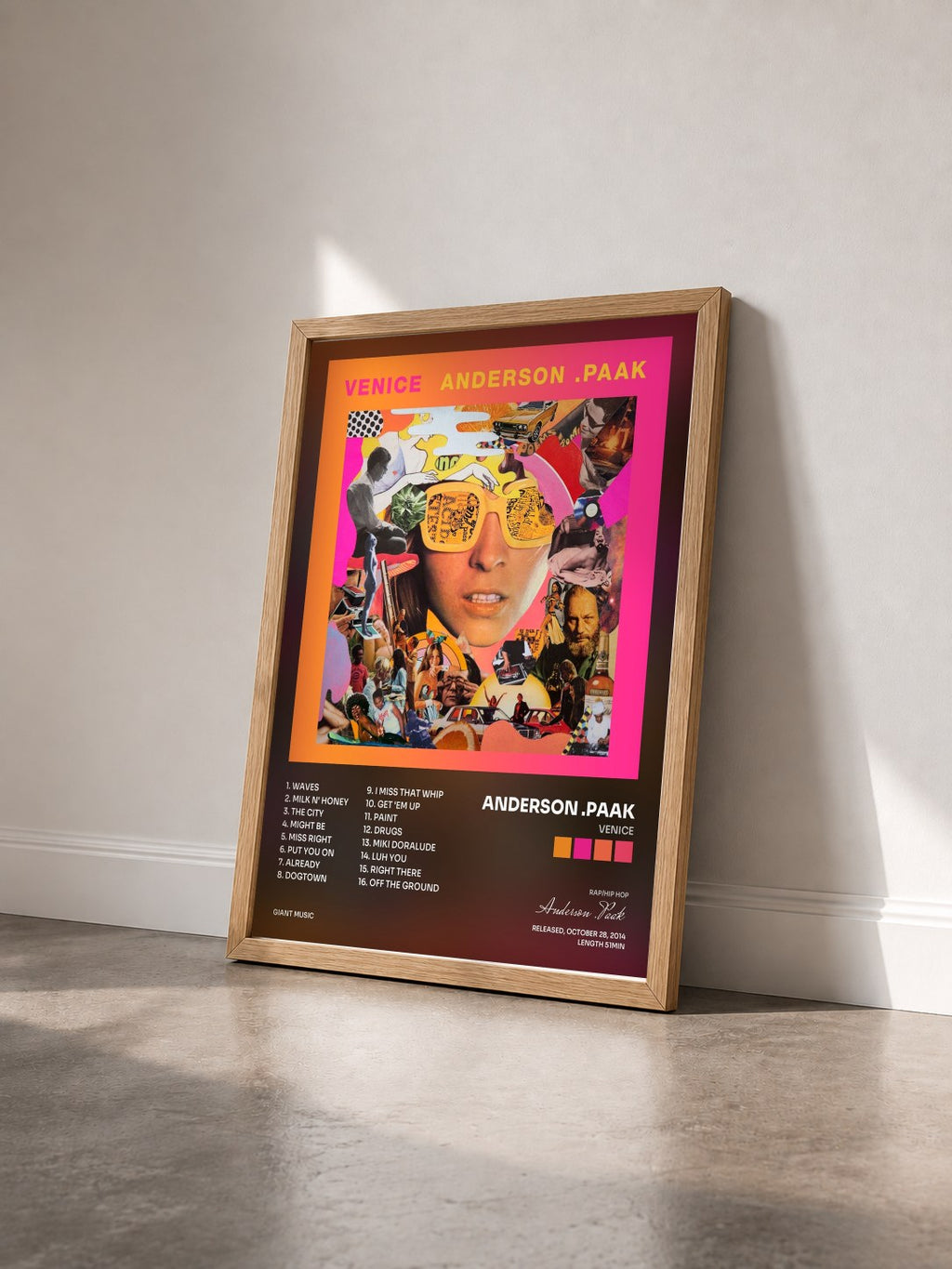 #bois Tableau de l'album Venice de Anderson .Paak vu de trois quarts, cadre en bois brut