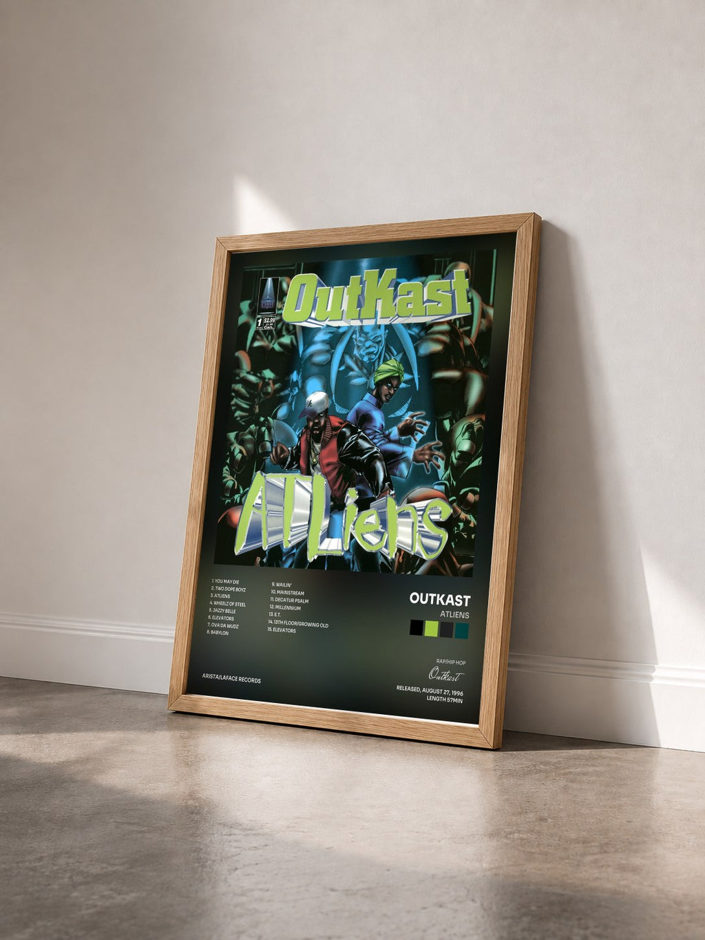 #bois Tableau de l'album ATLiens de Outkast vu de trois quarts, cadre en bois brut
