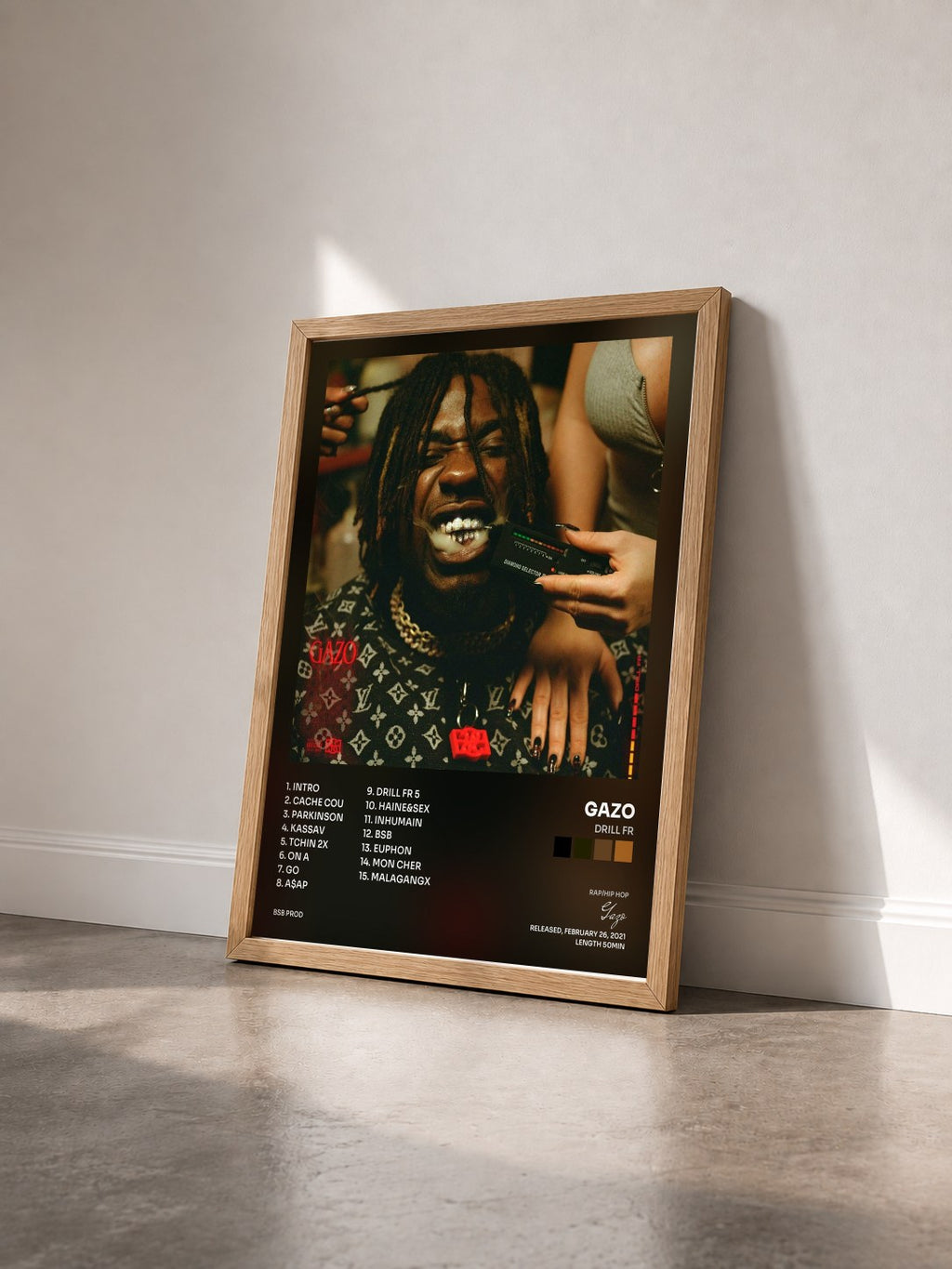 #bois Tableau de l'album DRILL FR de Gazo vu de trois quarts, cadre en bois brut