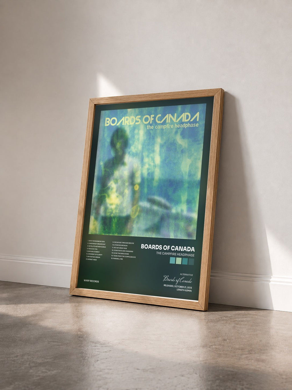 #bois Tableau de l'album The Campfire Headphase de Boards of Canada vu de trois quarts, cadre en bois brut