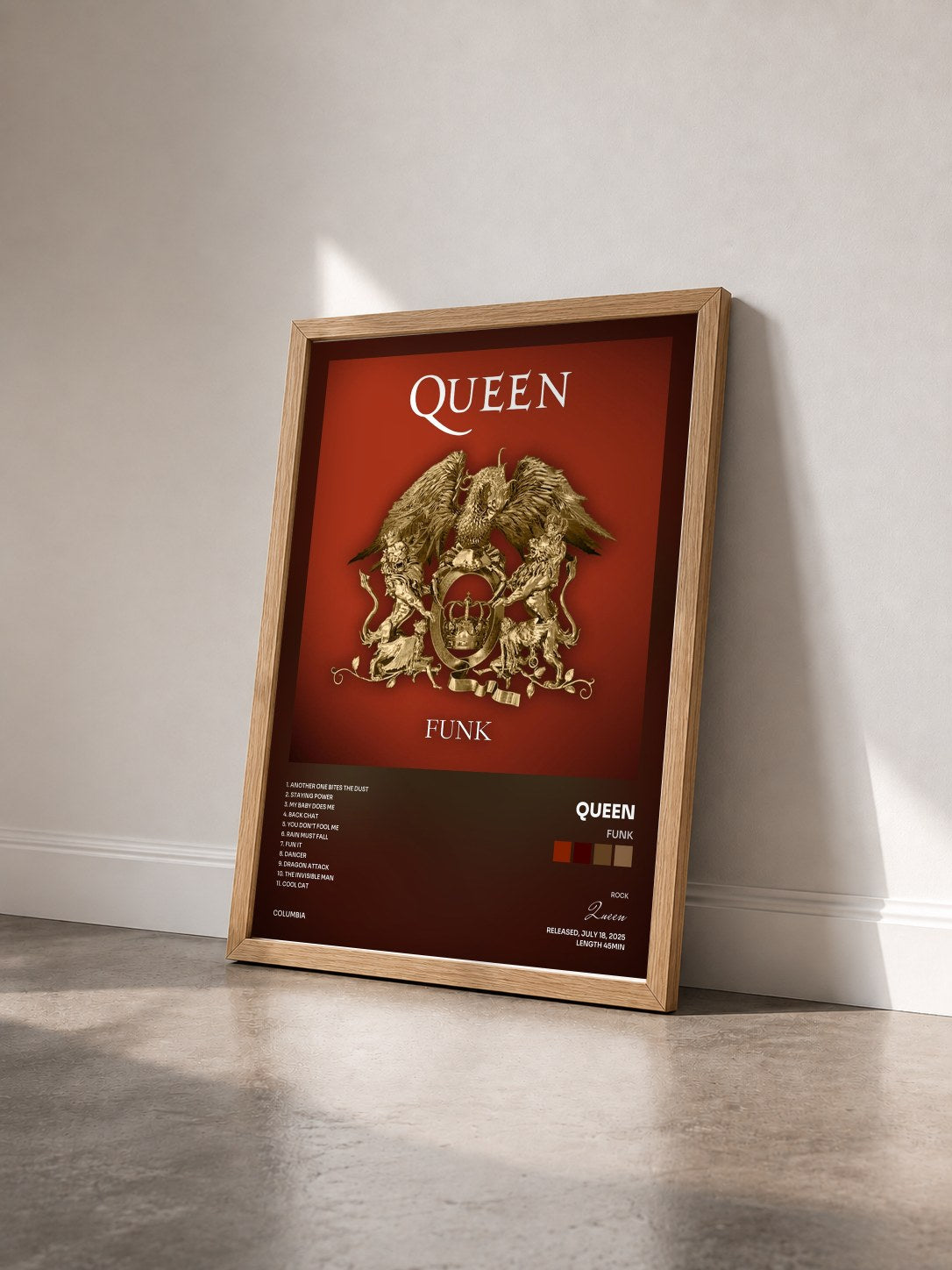 #bois Tableau de l'album Funk de Queen vu de trois quarts, cadre en bois brut