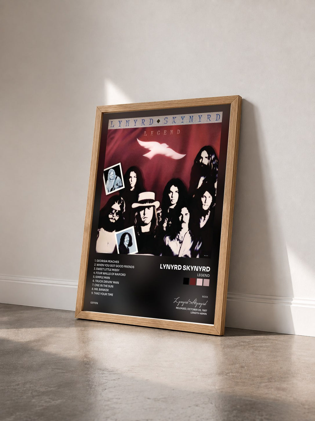 #bois Tableau de l'album Legend de Lynyrd Skynyrd vu de trois quarts, cadre en bois brut