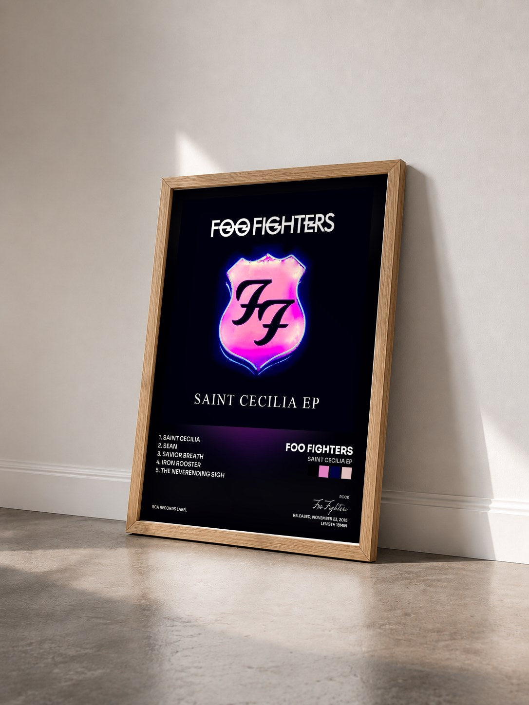 #bois Tableau de l'album Saint Cecilia EP de Foo Fighters vu de trois quarts, cadre en bois brut