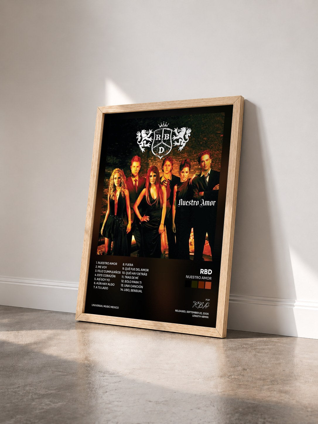 #bois Tableau de l'album Nuestro Amor de RBD vu de trois quarts, cadre en bois brut