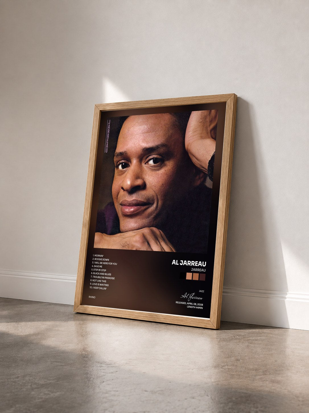 #bois Tableau de l'album Jarreau de Al Jarreau vu de trois quarts, cadre en bois brut