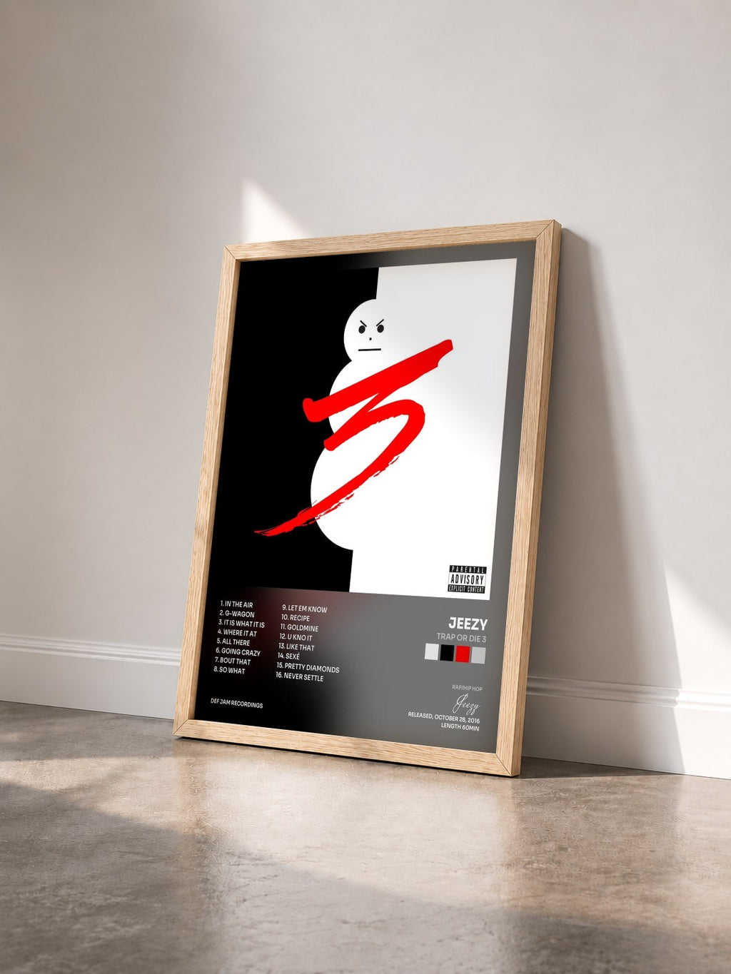 #bois Tableau de l'album Trap Or Die 3 de Jeezy vu de trois quarts, cadre en bois brut
