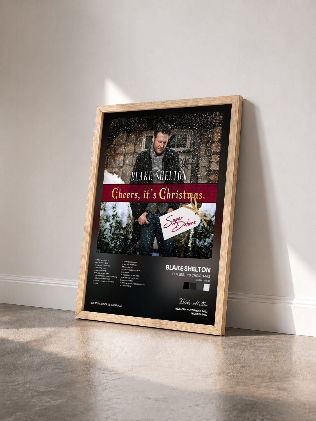 #bois Tableau de l'album Cheers, It's Christmas (Super Deluxe) de Blake Shelton vu de trois quarts, cadre en bois brut