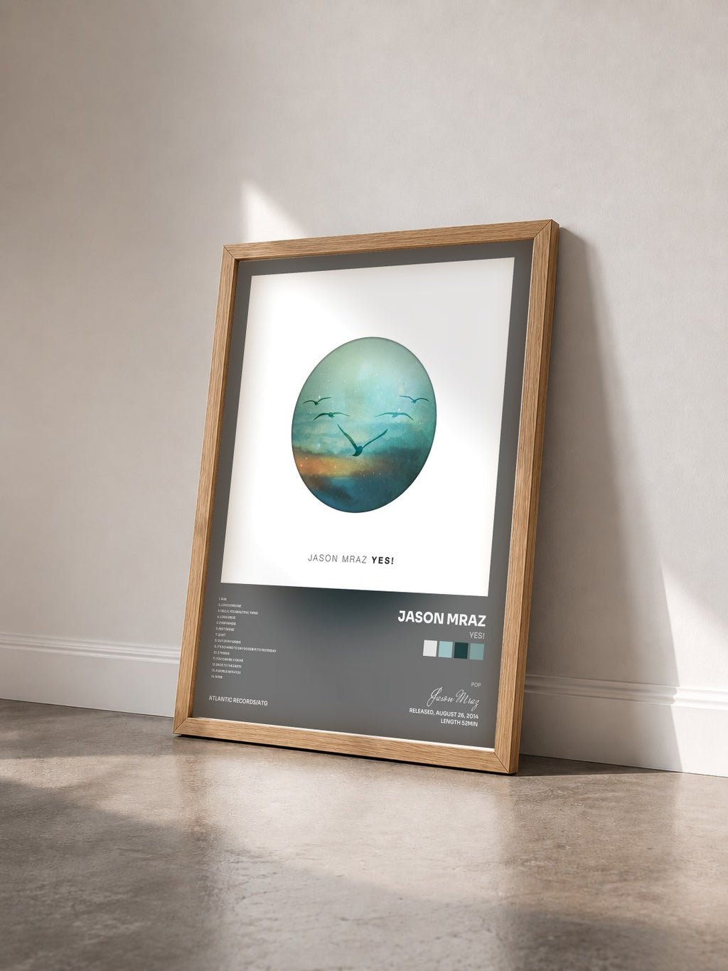 #bois Tableau de l'album YES! de Jason Mraz vu de trois quarts, cadre en bois brut