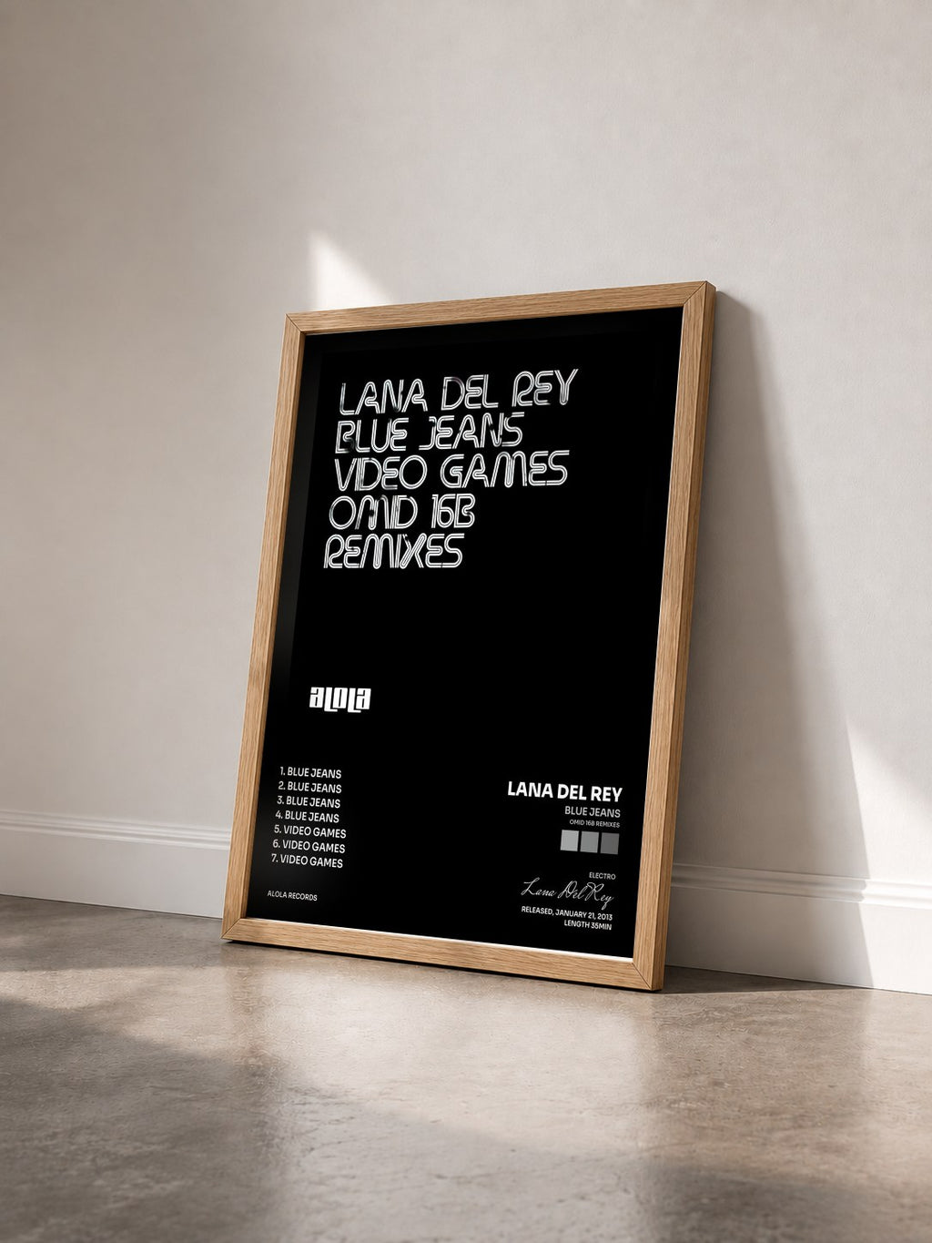 #bois Tableau de l'album Blue Jeans (Omid 16B Remixes) de Lana Del Rey vu de trois quarts, cadre en bois brut