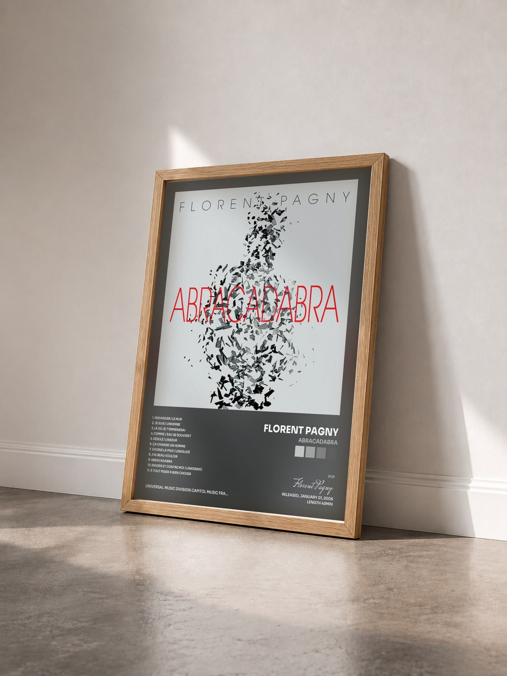 #bois Tableau de l'album Abracadabra de Florent Pagny vu de trois quarts, cadre en bois brut