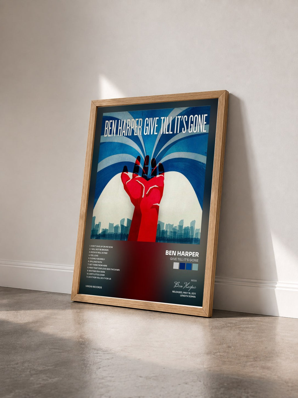 #bois Tableau de l'album Give Till It's Gone de Ben Harper vu de trois quarts, cadre en bois brut