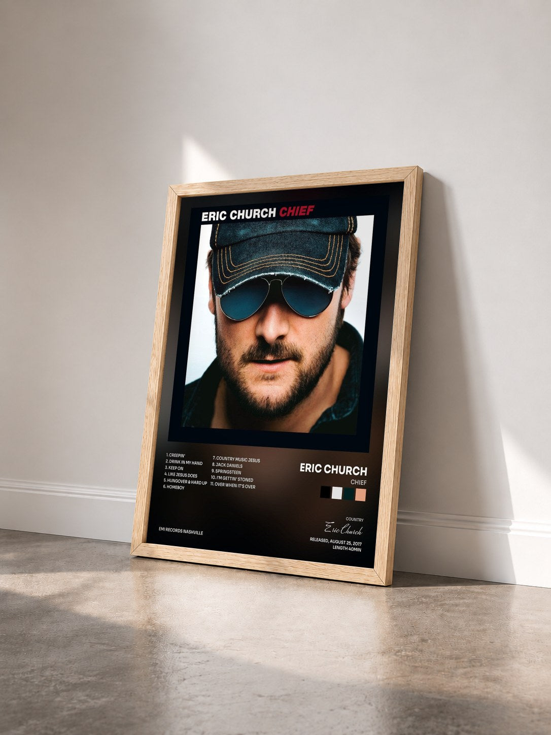 #bois Tableau de l'album Chief de Eric Church vu de trois quarts, cadre en bois brut
